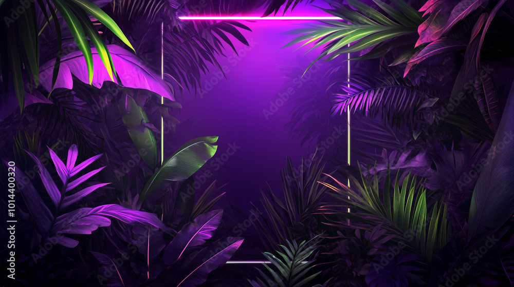 Cyberpunk Background Design. Tropical Plants with Purple and Green, Square shaped Neon Frame.
Cyberpunk Background Design. Tropical Plants with Purple and Green, Square shaped Neon Frame.