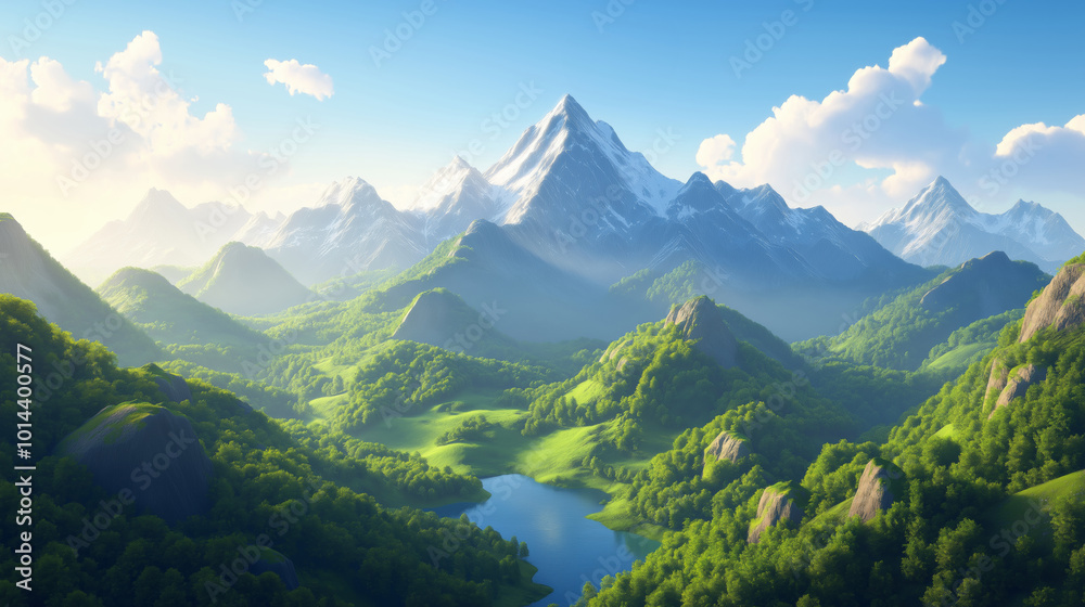 Fototapeta premium Stunning mountain landscape showcasing towering peaks, lush greenery, and a serene lake under a clear blue sky during midday.