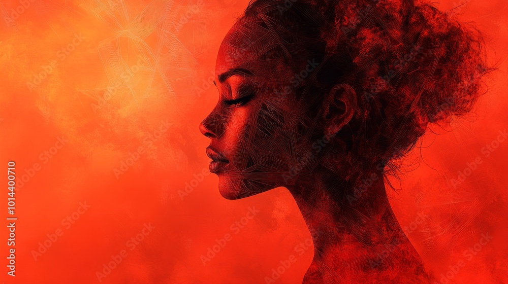 Profile of woman in red abstract design, artistic expression and emotion concept Profile of woman in red abstract design, artistic expression and emotion concept