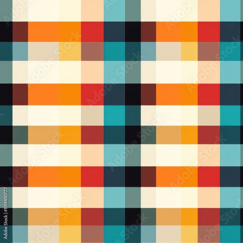 A vibrant, abstract pattern featuring alternating blocks of colors such as orange, teal, and cream arranged in a plaid design.