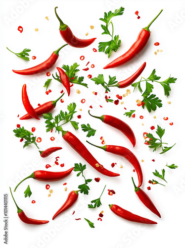 Many red peppers and parsleys are flying around On a white background