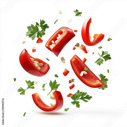 Many red peppers and parsleys are flying around On a white background