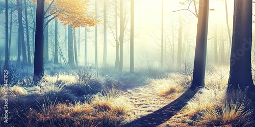 Digital watercolor painting of Panorama landscape image of Wendover Woods on foggy Autumn Morning.   photo