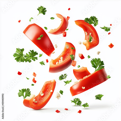 Many red peppers and parsleys are flying around On a white background