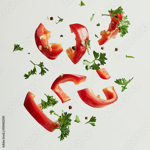 Many red peppers and parsleys are flying around On a white background