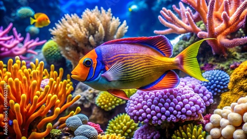 A tropical fish swimming among coral