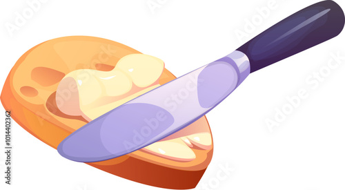 Process of spreading butter on a slice of bread using a knife. Cartoon vector culinary image highlights common breakfast preparation activity, emphasizing the textures of creamy butter and fresh bread