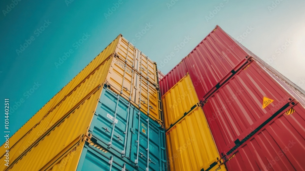 Fototapeta premium Colorful shipping containers stacked against a clear blue sky.