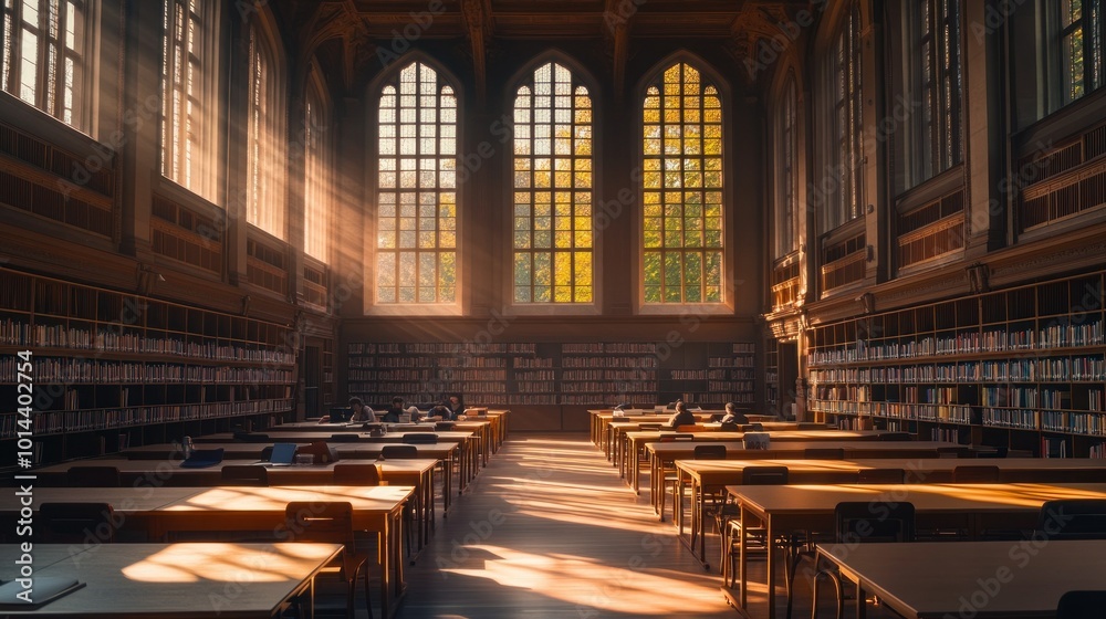 Fototapeta premium A serene library interior with sunlight streaming through large windows, creating a peaceful study space.