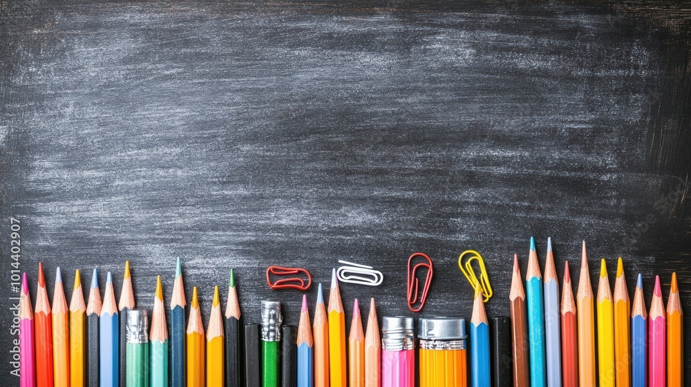 A collection of colored pencils and paperclips arranged on a chalkboard background. A collection of colored pencils and paperclips arranged on a chalkboard background.