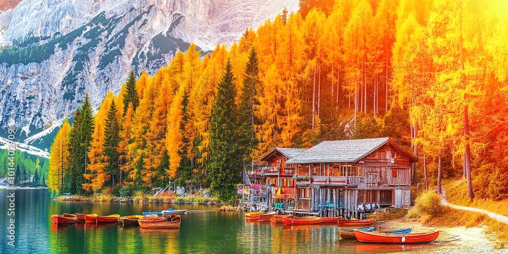 Obraz premium Boats on the Braies Lake and mountains
