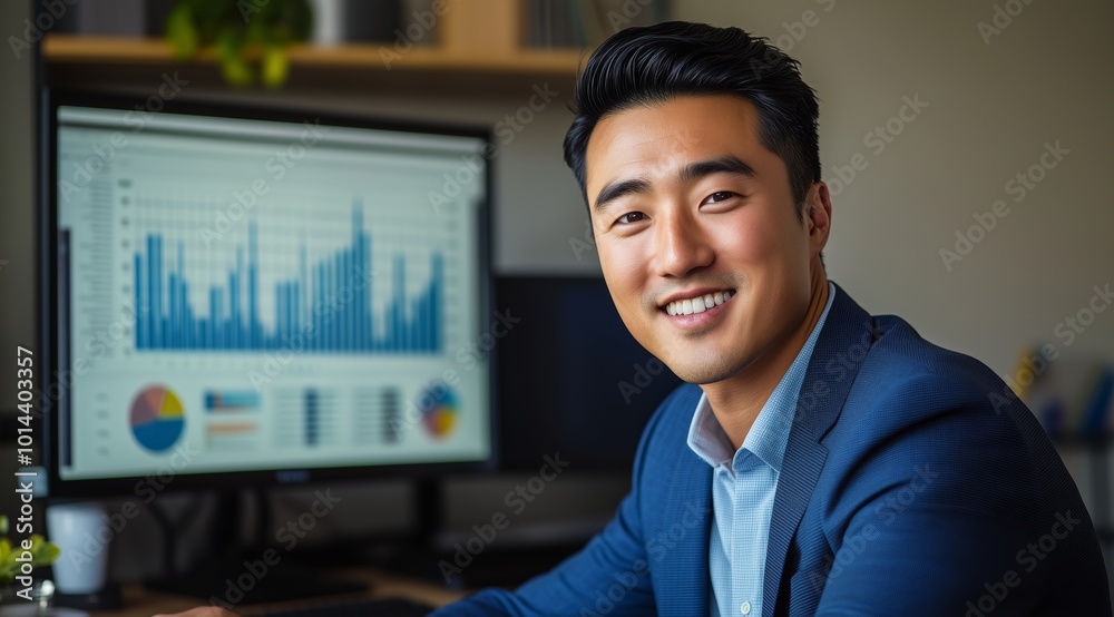 Fototapeta premium Asian businessman young analyzing market on data desktop screen modern workspace confident financial led career success business growth late thirties