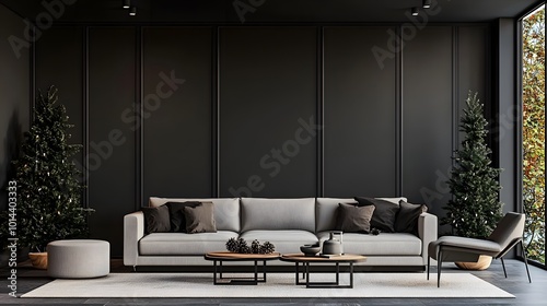 This chic living room features a gray sofa, wooden coffee tables, and evergreen trees, invoking warmth and elegance. Interior room Christmas Decor Concept