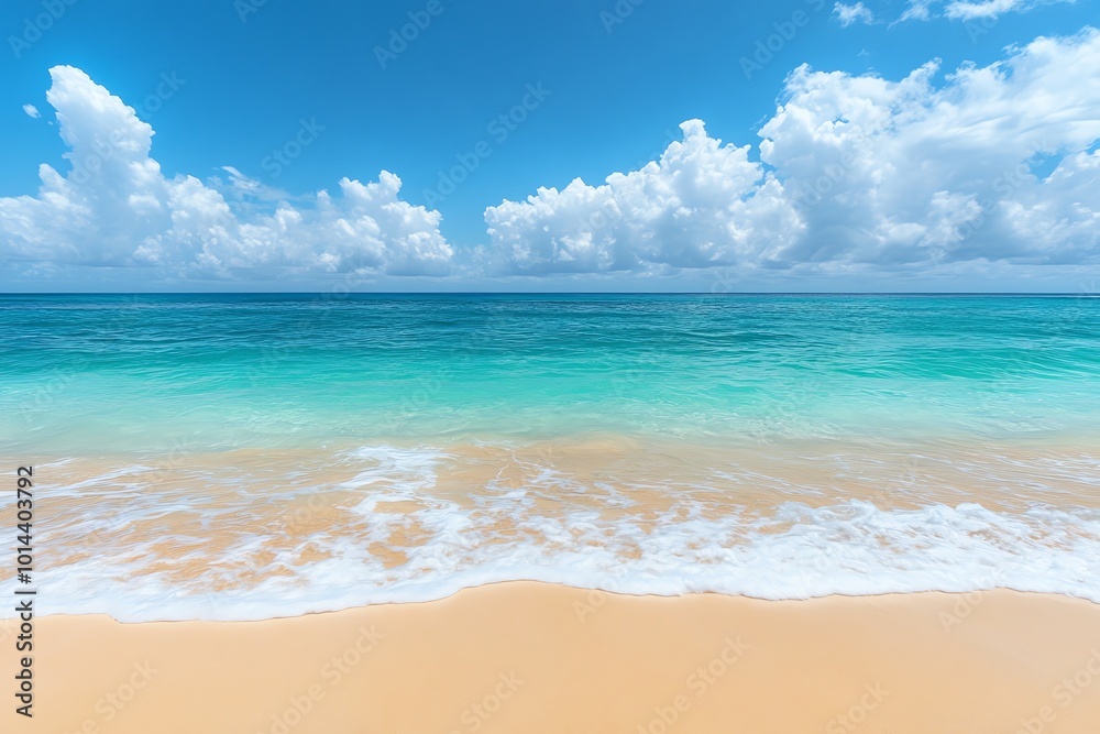 A clear blue sky with fluffy white clouds above a tranquil turquoise ocean with gentle waves lapping on a pristine sandy beach. A clear blue sky with fluffy white clouds above a tranquil turquoise ocean with gentle waves lapping on a pristine sandy beach.