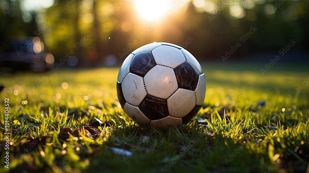 Obraz premium A worn soccer ball rests in a field of green grass, bathed in the warm glow of the setting sun.
