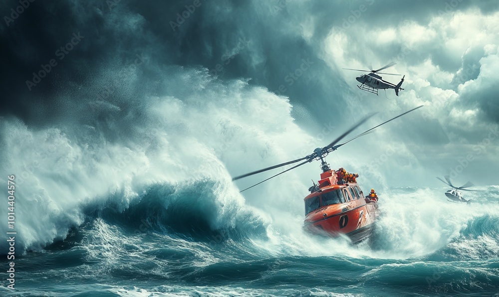 Obraz premium Rescue helicopter in stormy sea with waves.