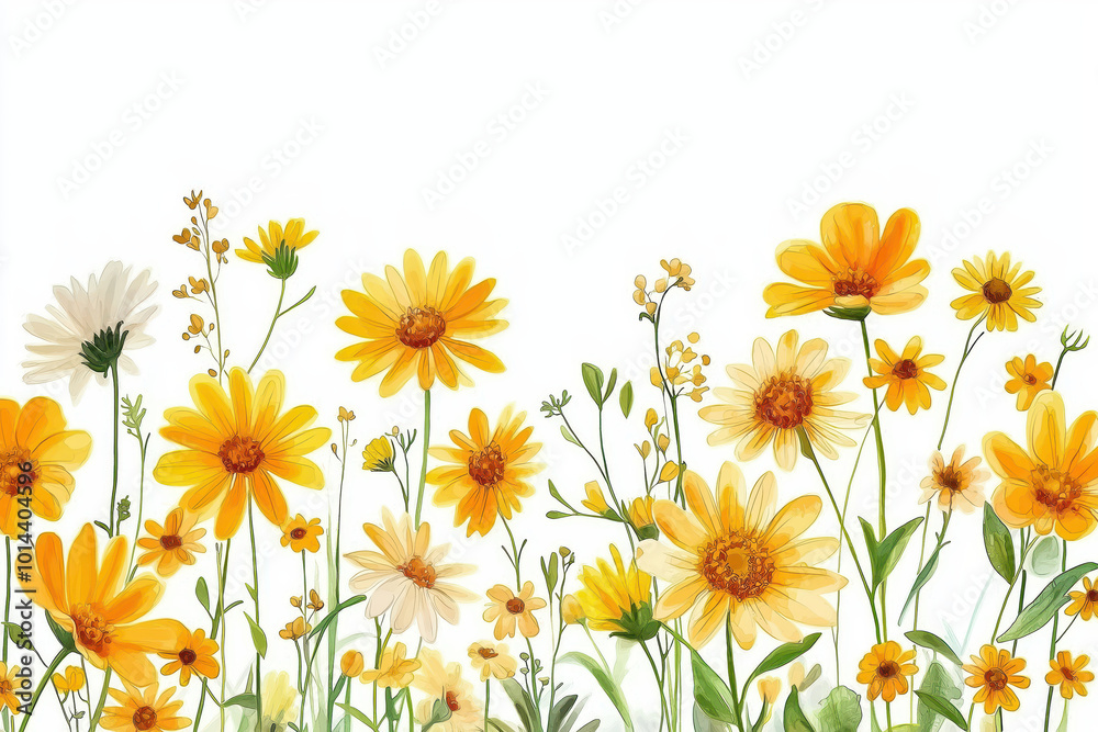 Obraz premium A vibrant display of yellow and white wildflowers, featuring a mix of blooms amidst lush green foliage, set against a clean white background.