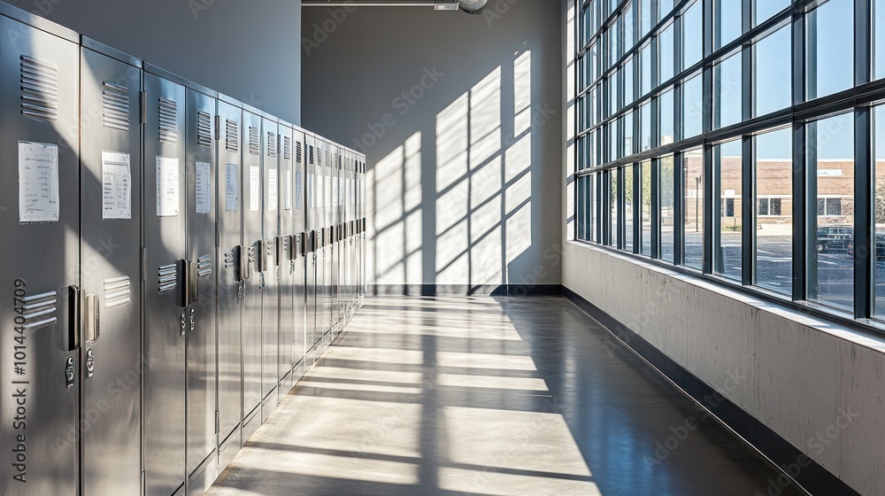 Obraz premium A hallway with lockers and large windows casting shadows.