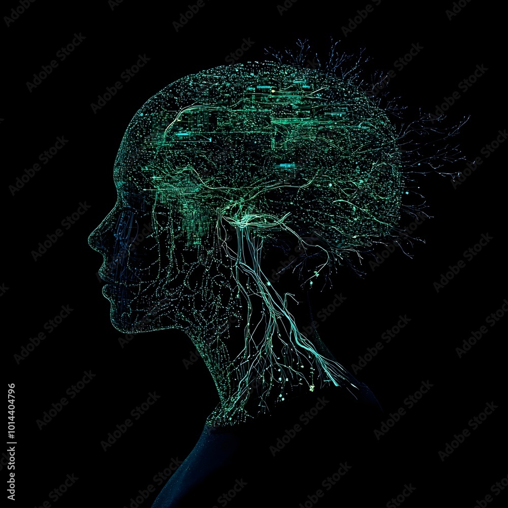 Obraz premium Brain Computer Interface Enabling Smart Home Thought Control in Digital Silhouette