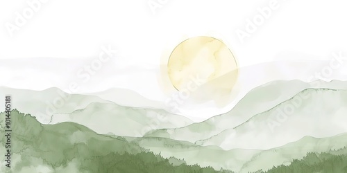 Fototapeta Naklejka Na Ścianę i Meble -  Abstract watercolor background vector. Luxury wallpaper with paint brush and gold line art. Mountains, hills, sun, green watercolor illustration for prints, wall art, cover and invitation cards.  