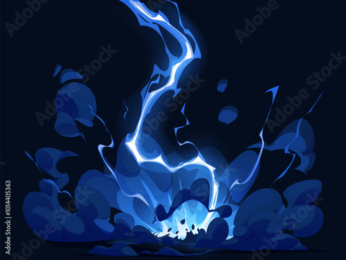 Cartoon blue electric lightning thunder bolt, thunderstorm effect. Vector vibrant energy attack, magic power or shock hitting the ground with powerful intensity. Electrical strike, electricity impact