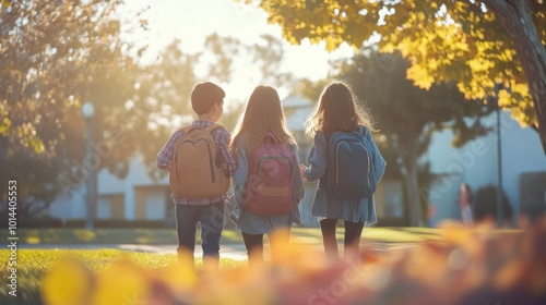 Three children walking together in a park during autumn.