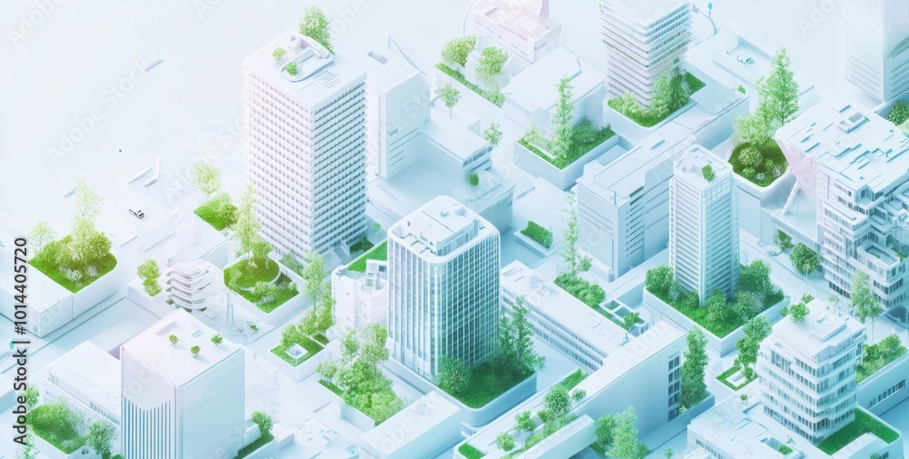 A futuristic urban landscape featuring green spaces and modern buildings. A futuristic urban landscape featuring green spaces and modern buildings.