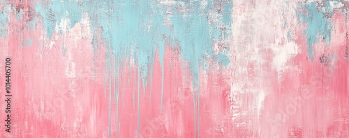 Abstract pastel painting with pink and blue drips on canvas