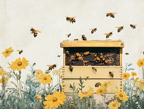 Vintage Style Poster of Smart Beehive with Automated Honey Harvesting and Sustainable Beekeeping