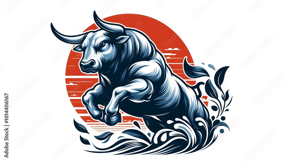 Powerful Bull Jumping over Water with Sunset Background Powerful Bull Jumping over Water with Sunset Background