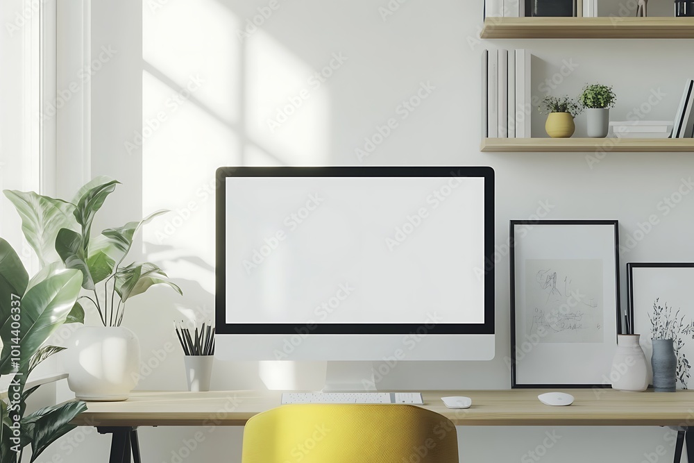 Obraz premium Workspace desk and laptop. copy space and blank screen. Business image, Blank screen laptop and supplies.