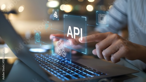 API: a finger touch a hologram virtual interface that hologram of API,API integration, API development, JSON, API documentation,	 photo