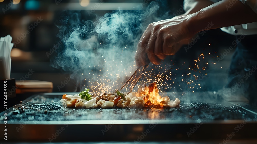 Chef Cooking Food on Hot Plate with Flames and Smoke Chef Cooking Food on Hot Plate with Flames and Smoke