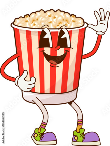Cartoon fast food popcorn groovy character. Fast food menu meal, takeaway restaurant popcorn or junk snack cute hippie isolated vector character. Street menu meal funny cartoon groovy personage