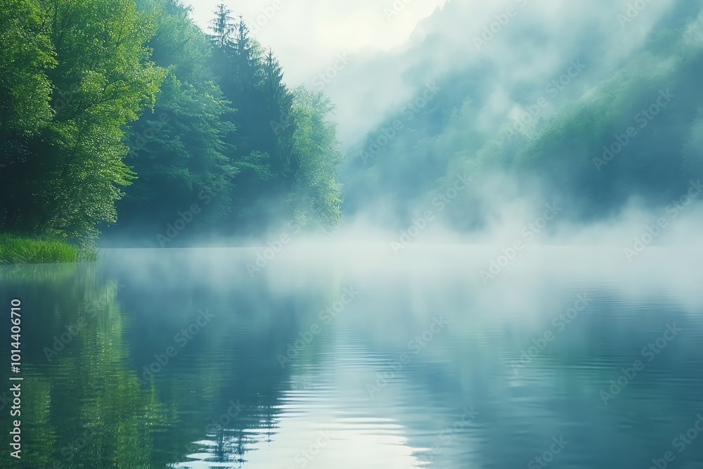 Fototapeta premium A misty lake with a forest in the background.
