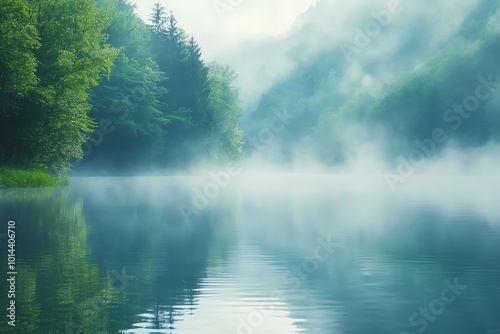 A misty lake with a forest in the background.