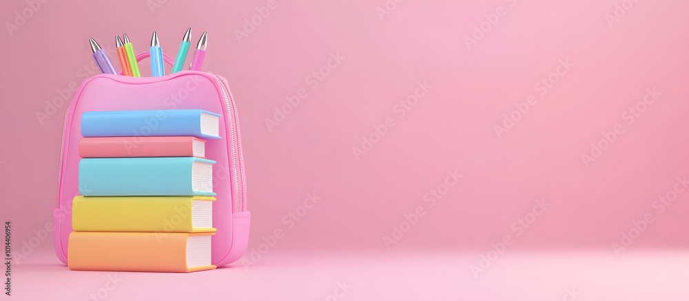 Pink Backpack with Books and Pens on Pink Background Pink Backpack with Books and Pens on Pink Background