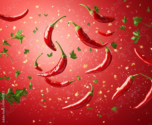 Many red peppers and parsleys are flying around On a red gradient background