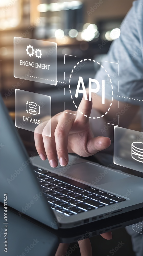 Naklejka premium API: a businessman using a laptop with a hologram of API, virtual interface that hologram of API,API integration, API development, JSON, API documentation, Application prgramming interface