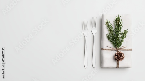 Elegant festive table setting with a pine branch, napkin, and forks on a white background.