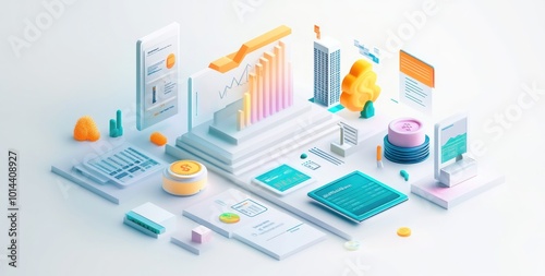 3D illustration of business analytics with graphs, documents, and data visualization elements.