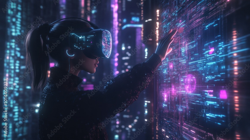 A person in a virtual reality headset interacts with a colorful digital interface. A person in a virtual reality headset interacts with a colorful digital interface.