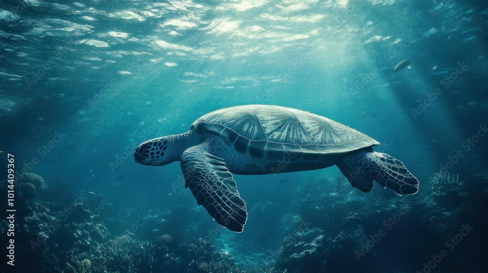 Fototapeta premium A serene underwater scene featuring a turtle swimming gracefully through the ocean.