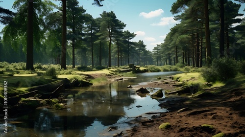 A secluded woodland pond surrounded by towering trees and serene beauty.
