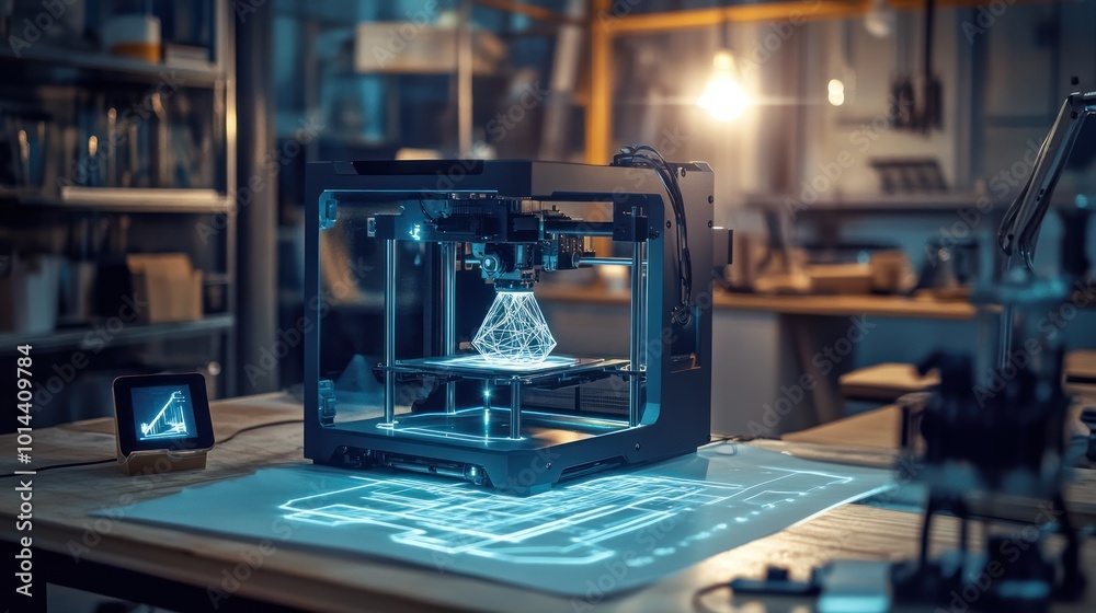 A 3D printer creating a geometric object in a dimly lit workshop. A 3D printer creating a geometric object in a dimly lit workshop.