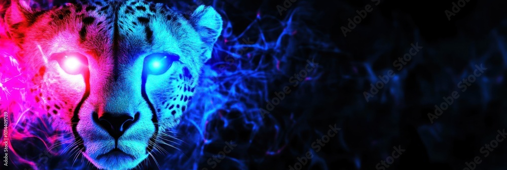 A stylized digital art representation of a leopard's face with vibrant blue and pink colors. A stylized digital art representation of a leopard's face with vibrant blue and pink colors.