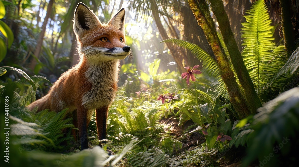 Naklejka premium A realistic fox stands amidst lush greenery and flowers in a vibrant forest setting.