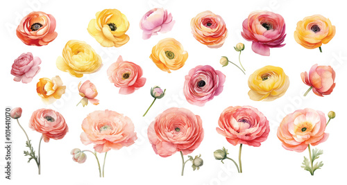 Watercolor ranunculus flowers hand drawn floral illustration set on white background