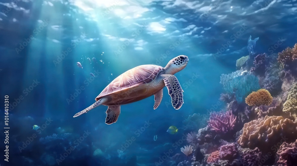 Fototapeta premium A serene underwater scene featuring a turtle swimming among coral reefs and sunlight rays.