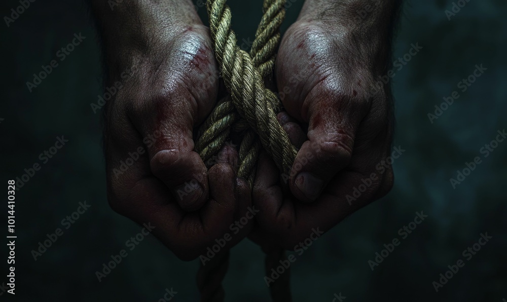 Bloody hands gripping a rope. Bloody hands gripping a rope.